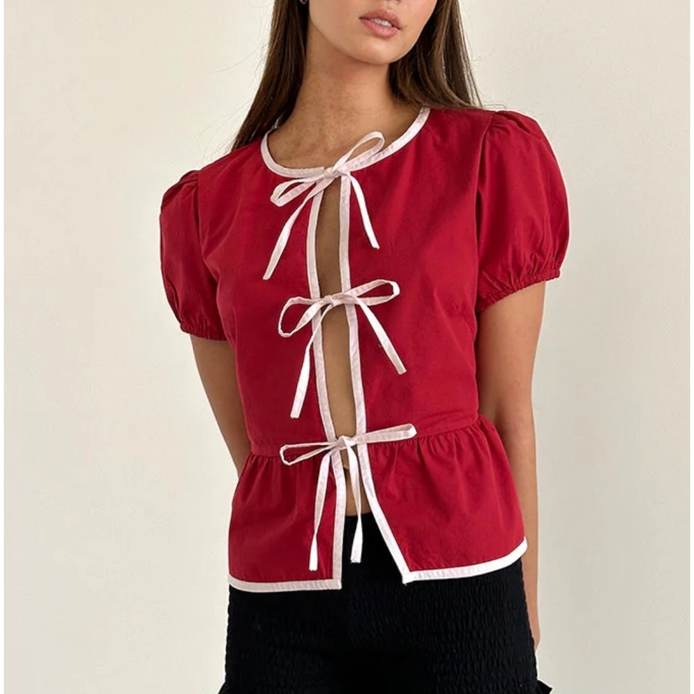 Motel Adrenaline Red Blouse with White Bow Accents Sold Out! Ryota
